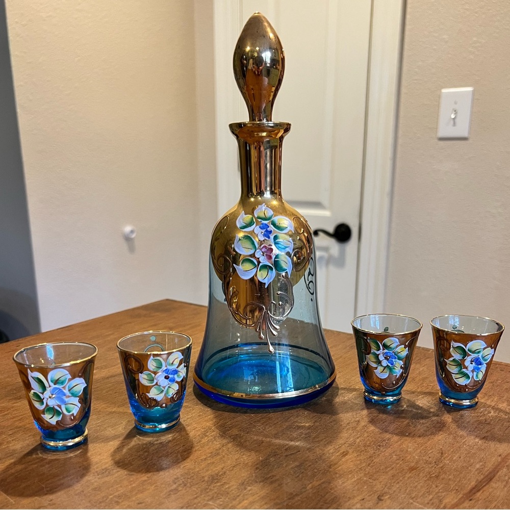 Czech Bohemian Blue Decanter and Glasses Gold and Hand Painted